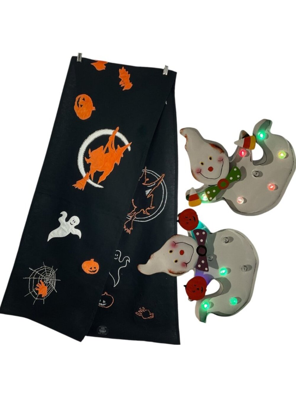 Pottery Barn Halloween Table Runner Flying Witch Black 90 X 16 Spider + 2 Lights